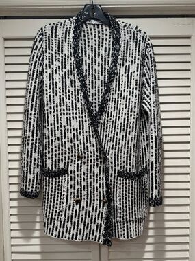 Zara—S, Black/White Cardigan, Double Breasted, Bouclé-like Trim, Gold/Buttons